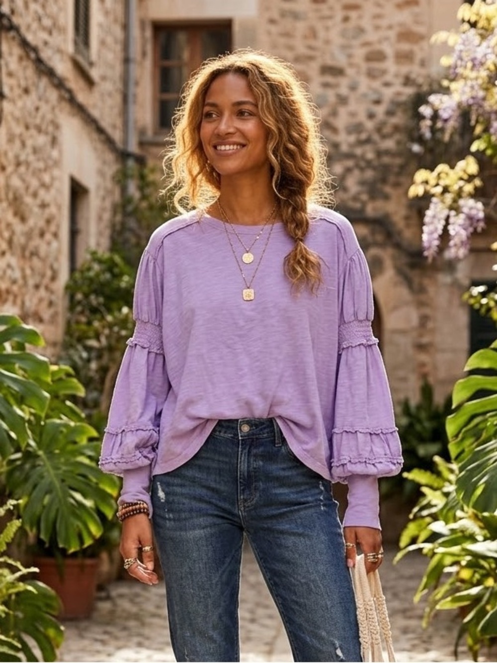 Pilcro Lavender Balloon-Sleeve Long Sleeve Top